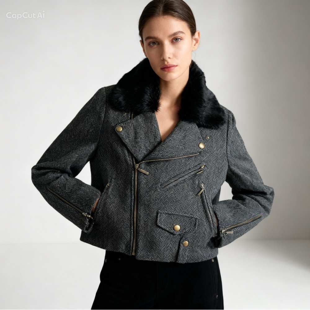 LaPense charcoal grey wool herringbone bike jacket/winter coat with fur collar